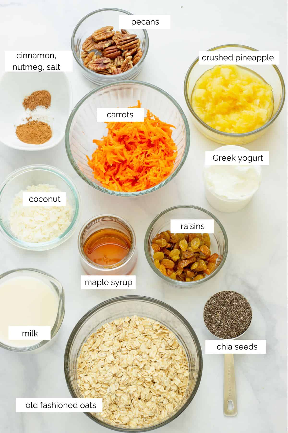 Ingredients needed to make carrot cake overnight oats.