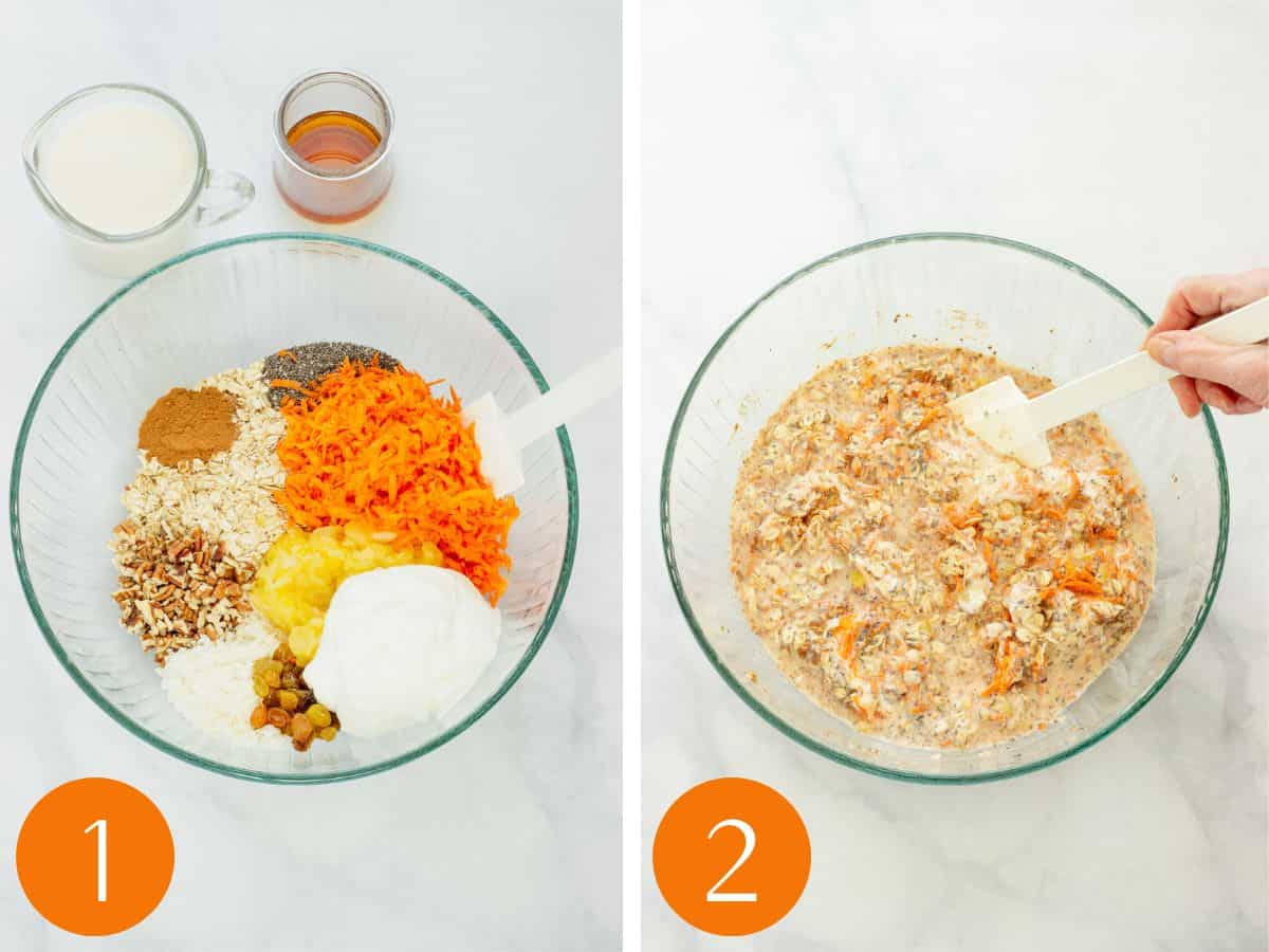 Steps 1 & 2 to make carrot cake overnight oats.