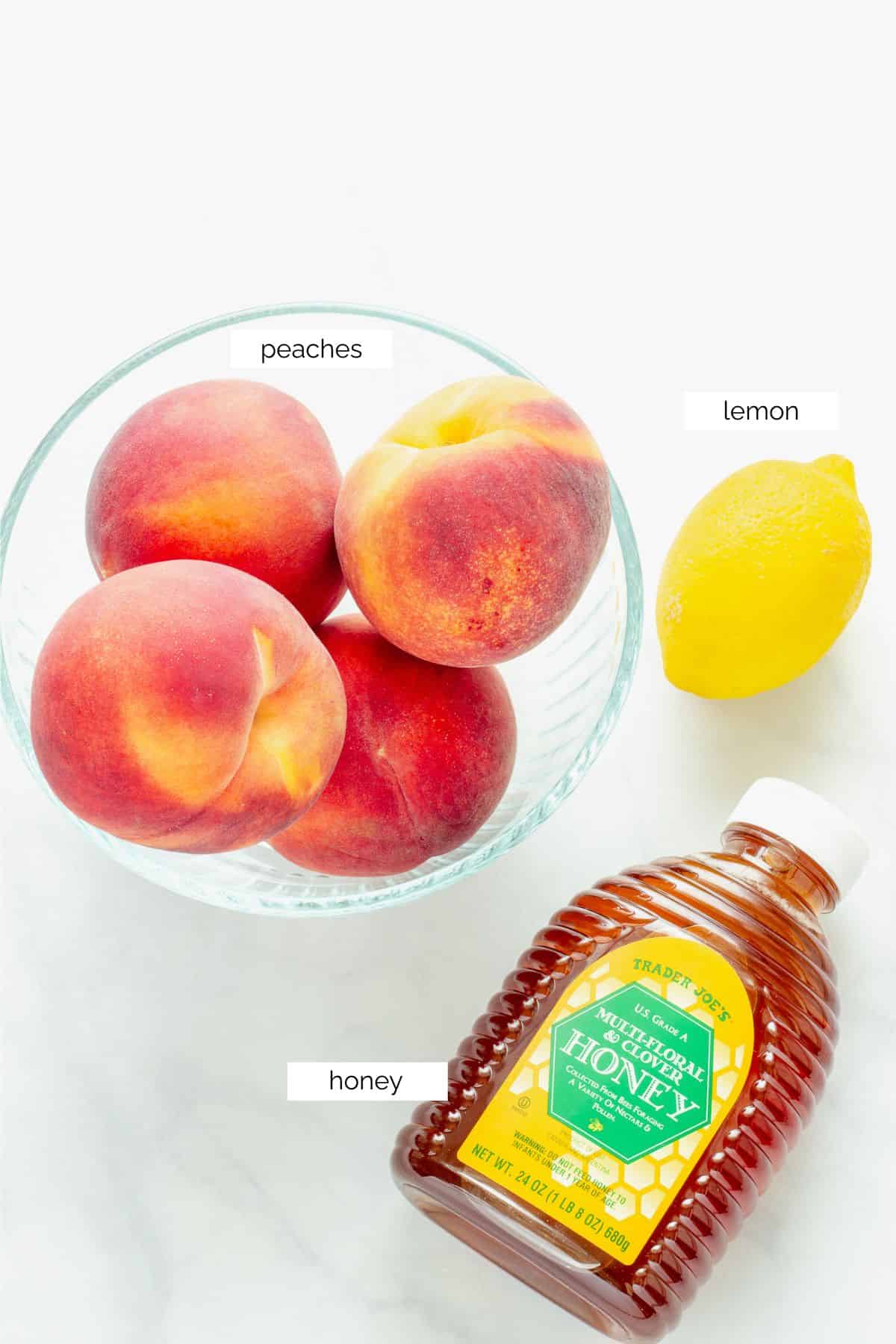 Ingredients needed to make peach sorbet.