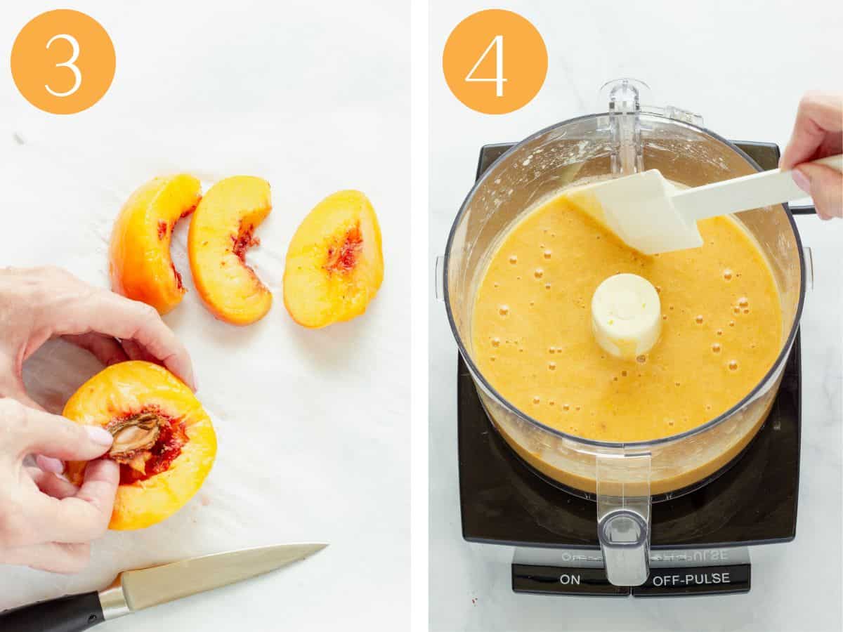 Steps 3 and 4 to make peach sorbet.