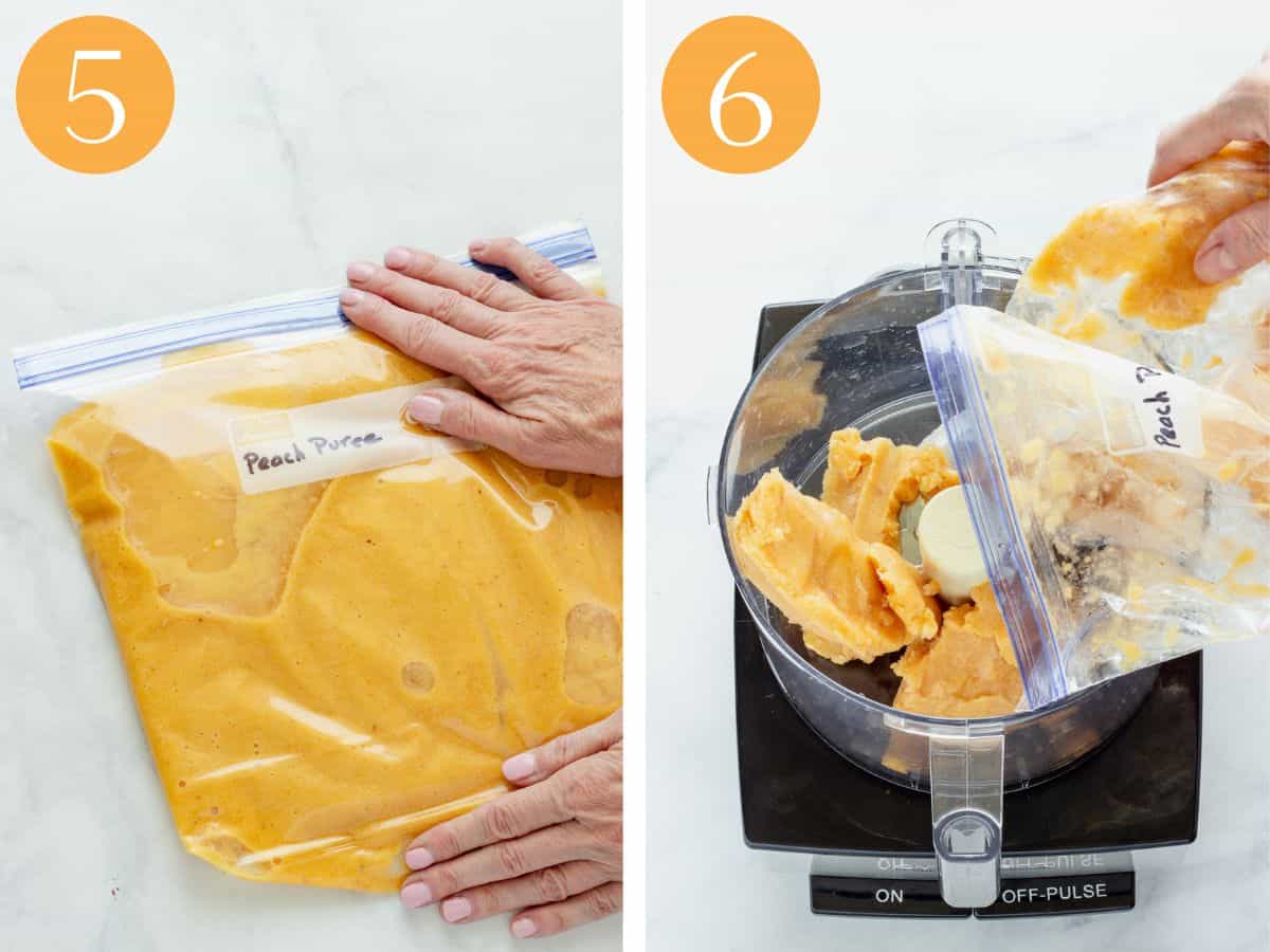 Steps 5 and 5 to make peach sorbet.