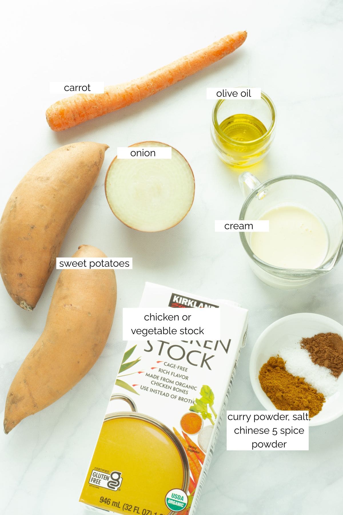 Ingredients needed to make curried sweet potato bisque.