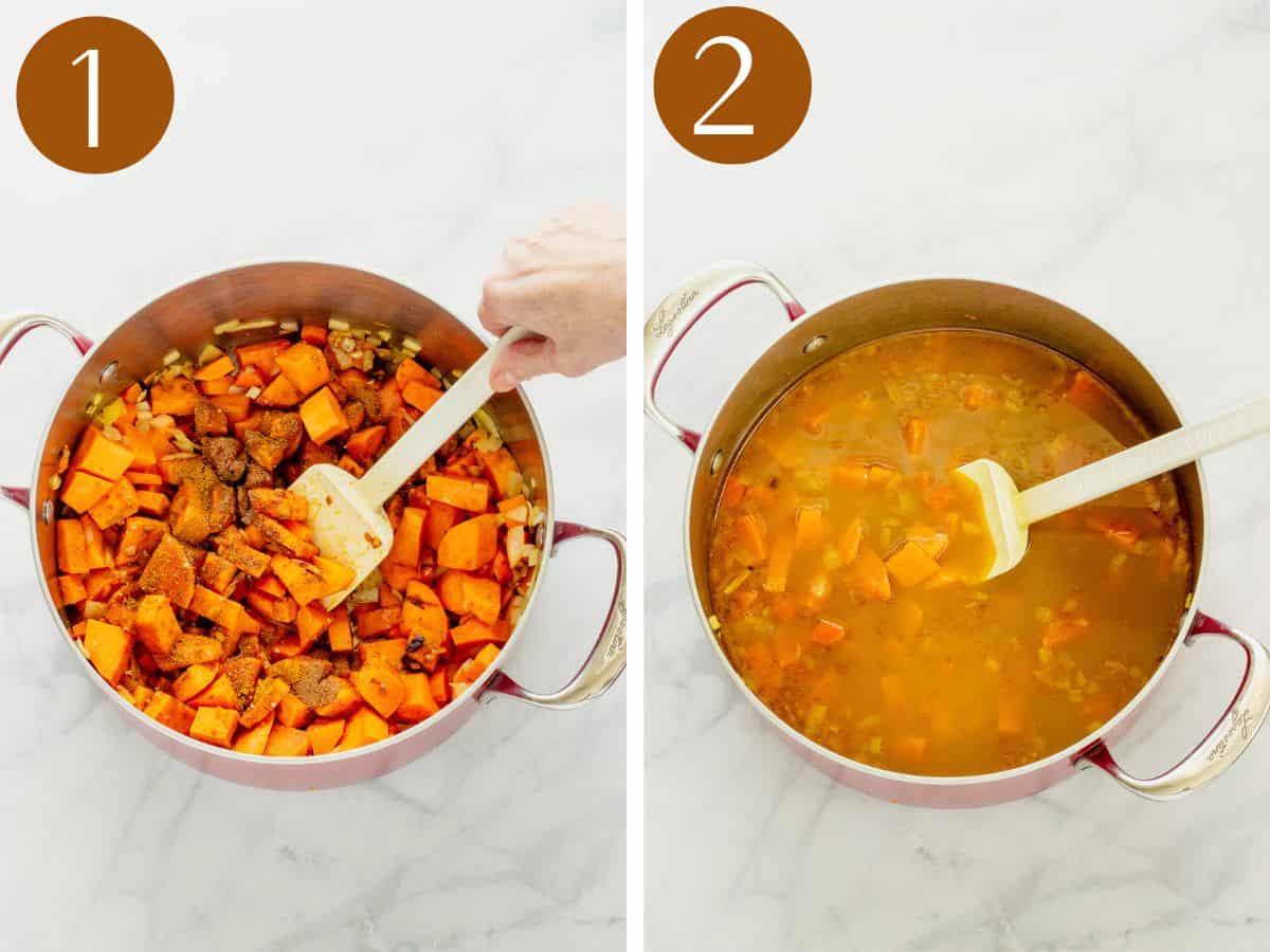 Steps 1 & 2 to make curried sweet potato bisque