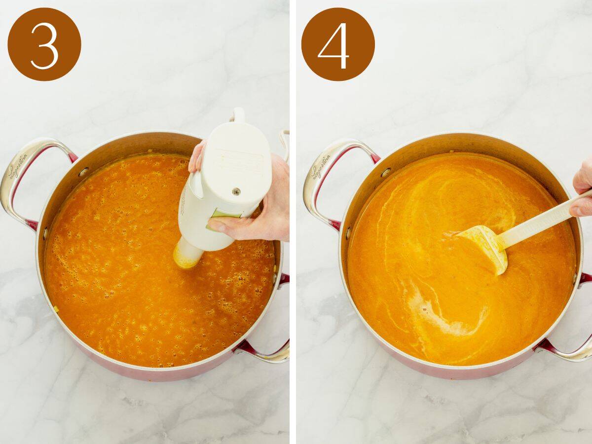 Steps 3 & 4 to make curried sweet potato bisque.