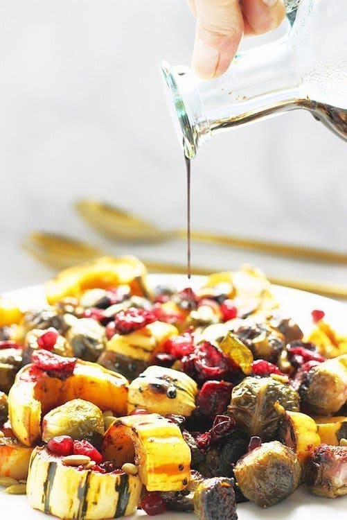 Roasted Brussels Sprouts Delicata Squash and Cranberries with Balsamic Syrup