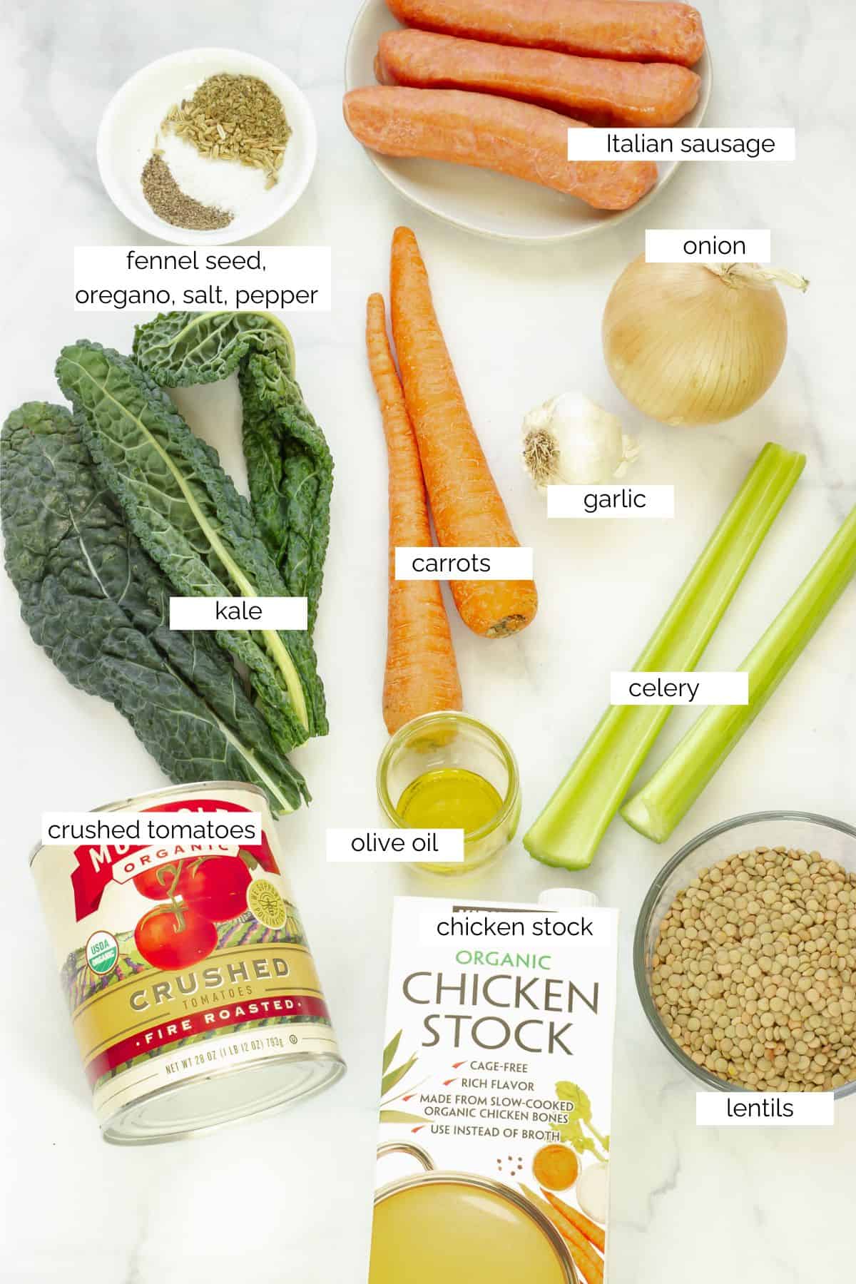 Ingredients needed to make sausage and lentil soup.