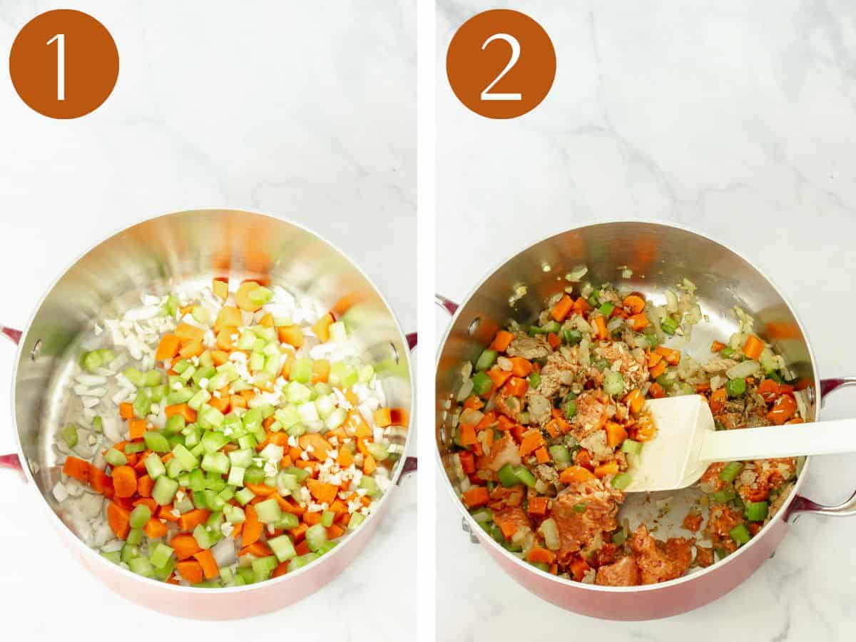 Steps 1&2 to make sausage and lentil soup.