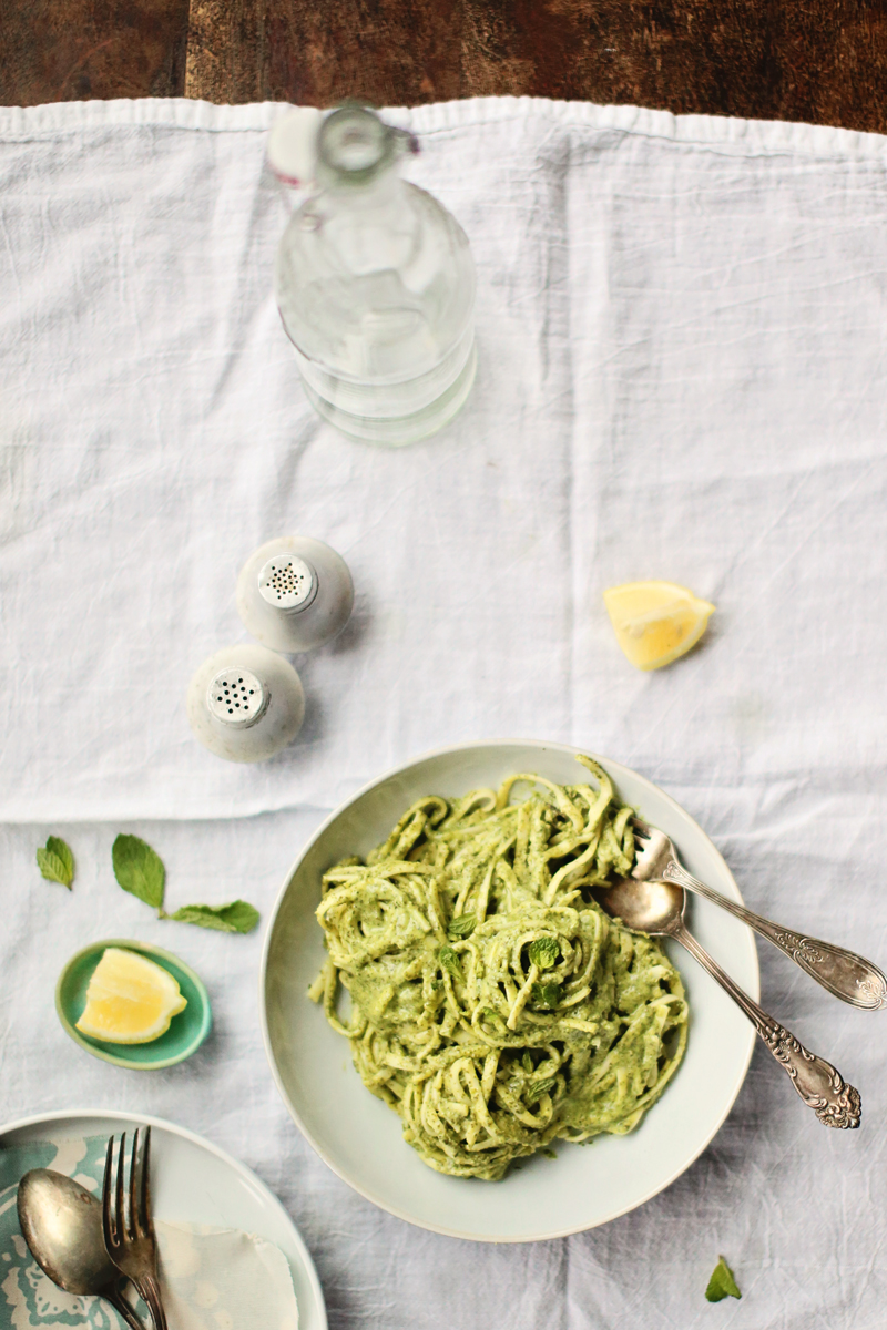 Creamy Greens and Coconut Linguine|Foodess