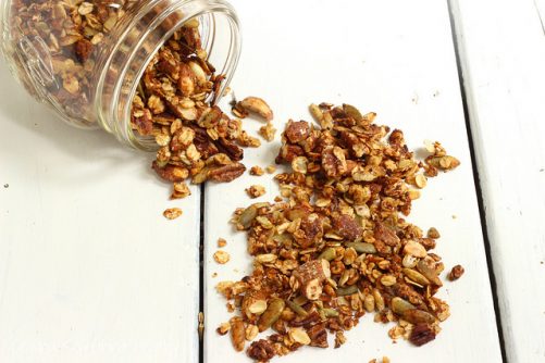 This Savory Parmesan Granola is perfect to eat by the handful, or mix with some pretzels and popcorn, or sprinkle over a salad instead of croutons. Really. Yum.