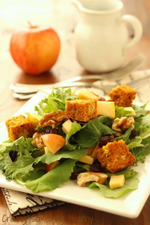 Harvest Salad with Baby Kale and Pumpkin Bread Croutons|Craving Something Healthy