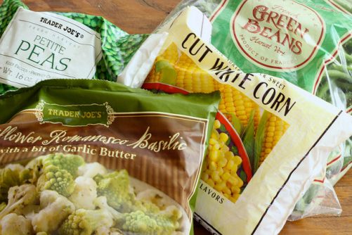 Various bags of frozen vegetables to use in mixed vegetable casserole.