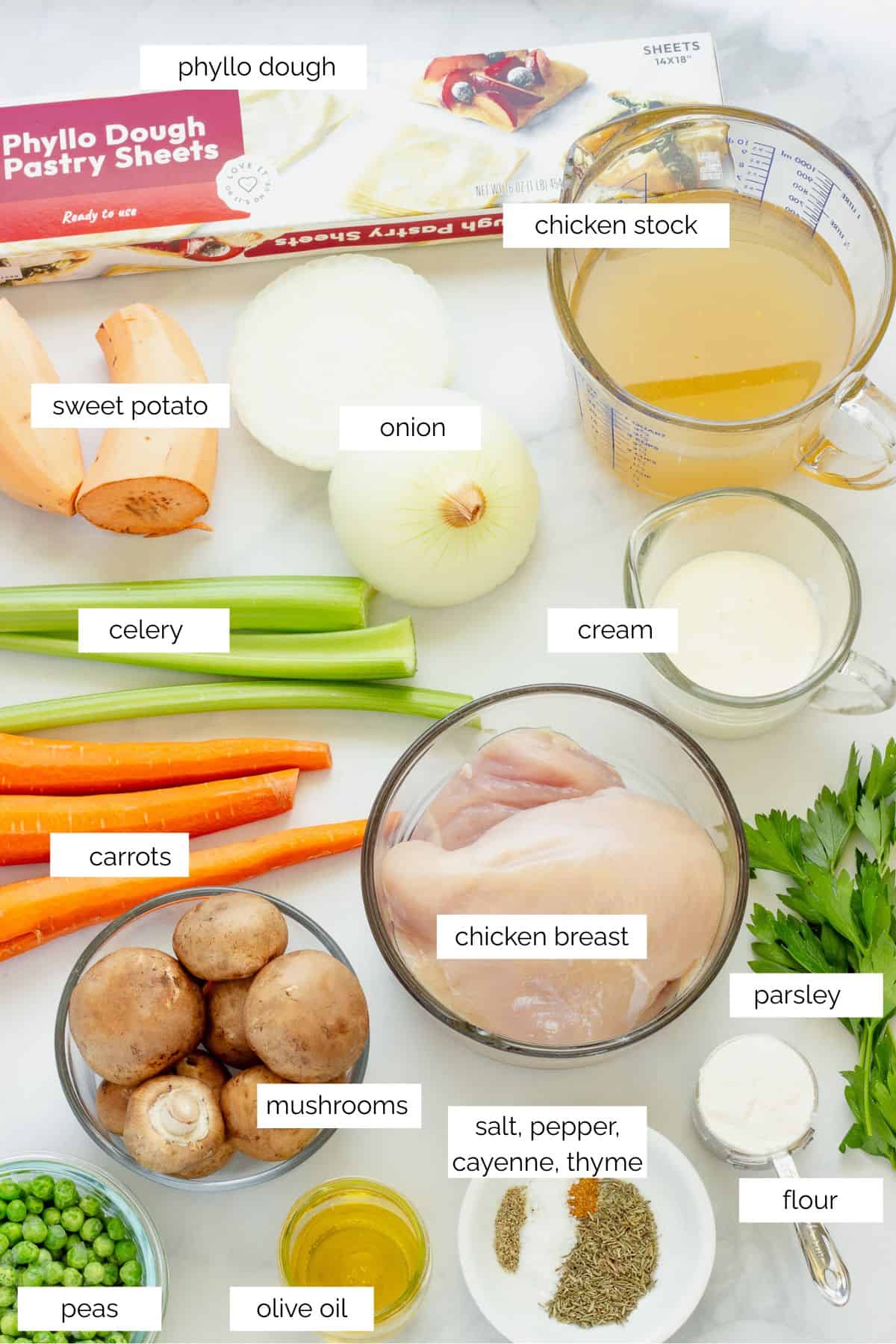 Ingredients needed to make chicken pot pie casserole.
