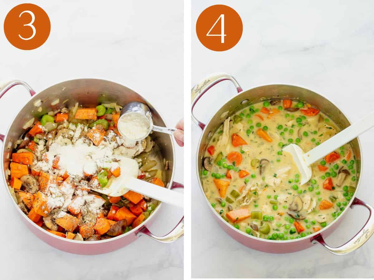 Steps 3 & 4 to make chicken pot pie casserole.