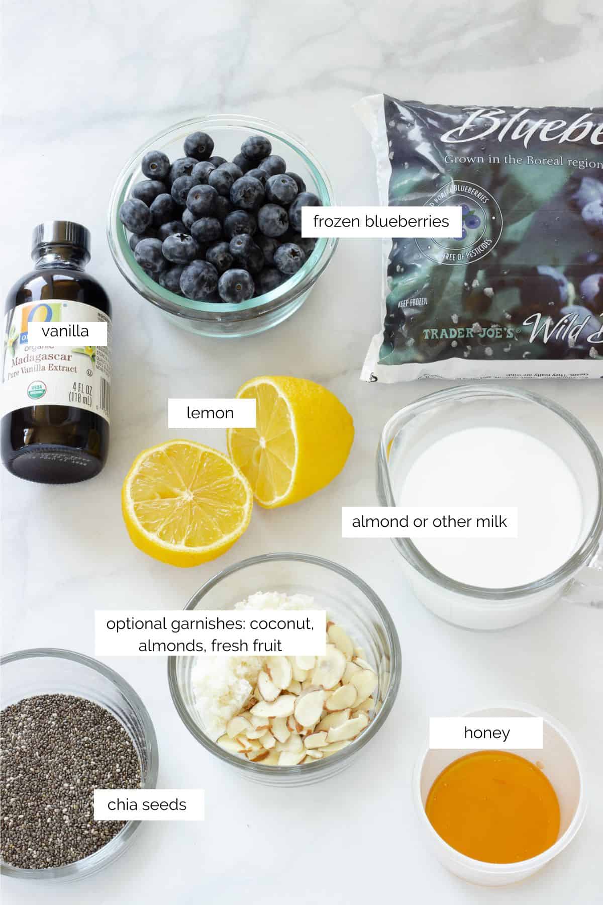 Ingredients to make Smooth & Creamy Blueberry Chia Pudding