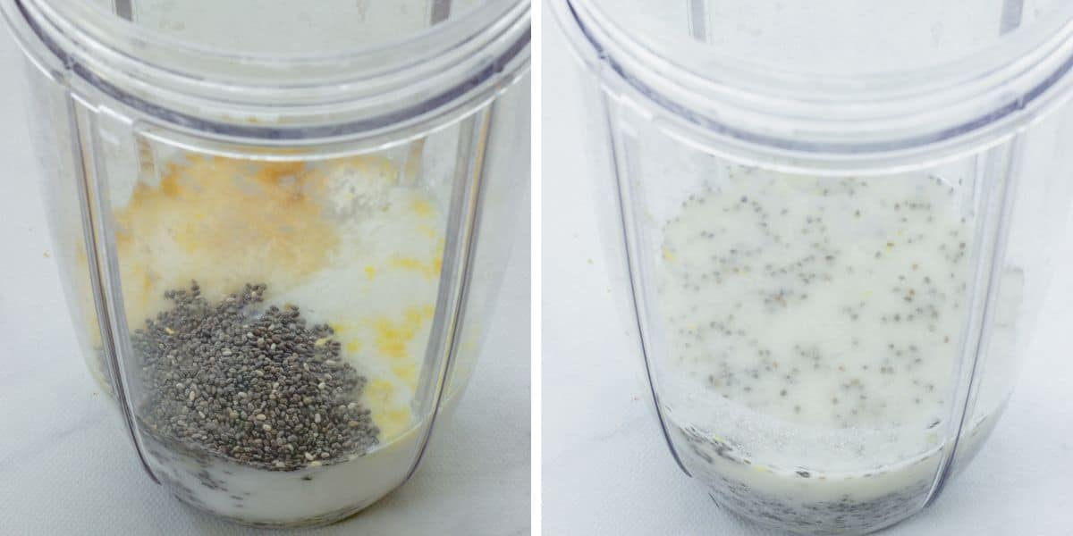 Step 1 to make blueberry chia pudding. Combine the chia seeds with the wet ingredients.