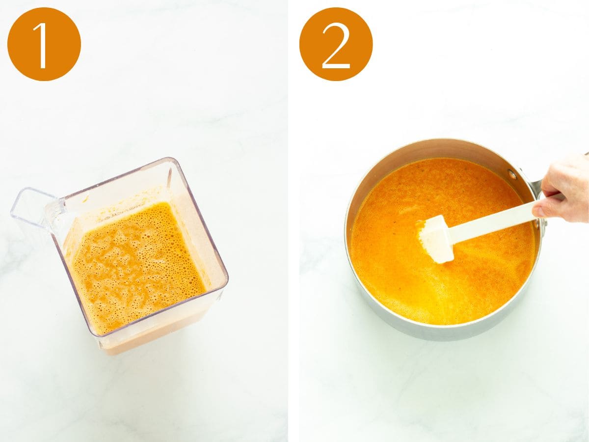 Steps to make roasted red pepper and tomato soup.