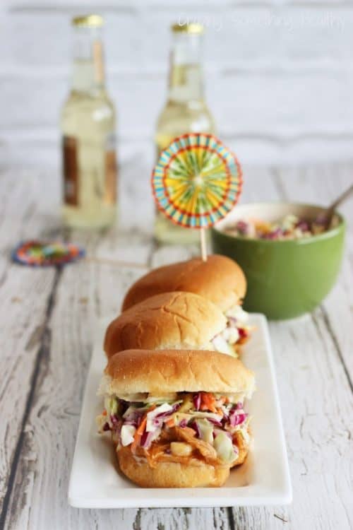 Pulled Turkey Sliders with Peach-Chipotle BBQ Sauce and Sweet-Creamy Slaw