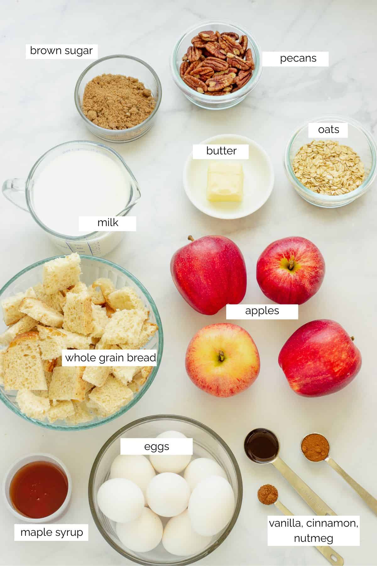 Ingredients needed to make an overnight apple french toast casserole.