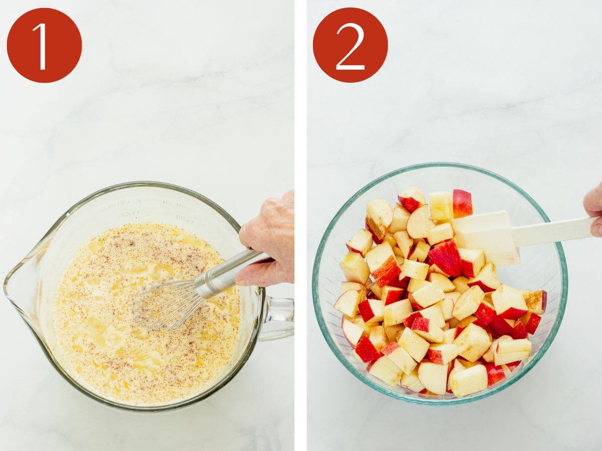 Steps 1 & 2 to make an apple French toast casserole.