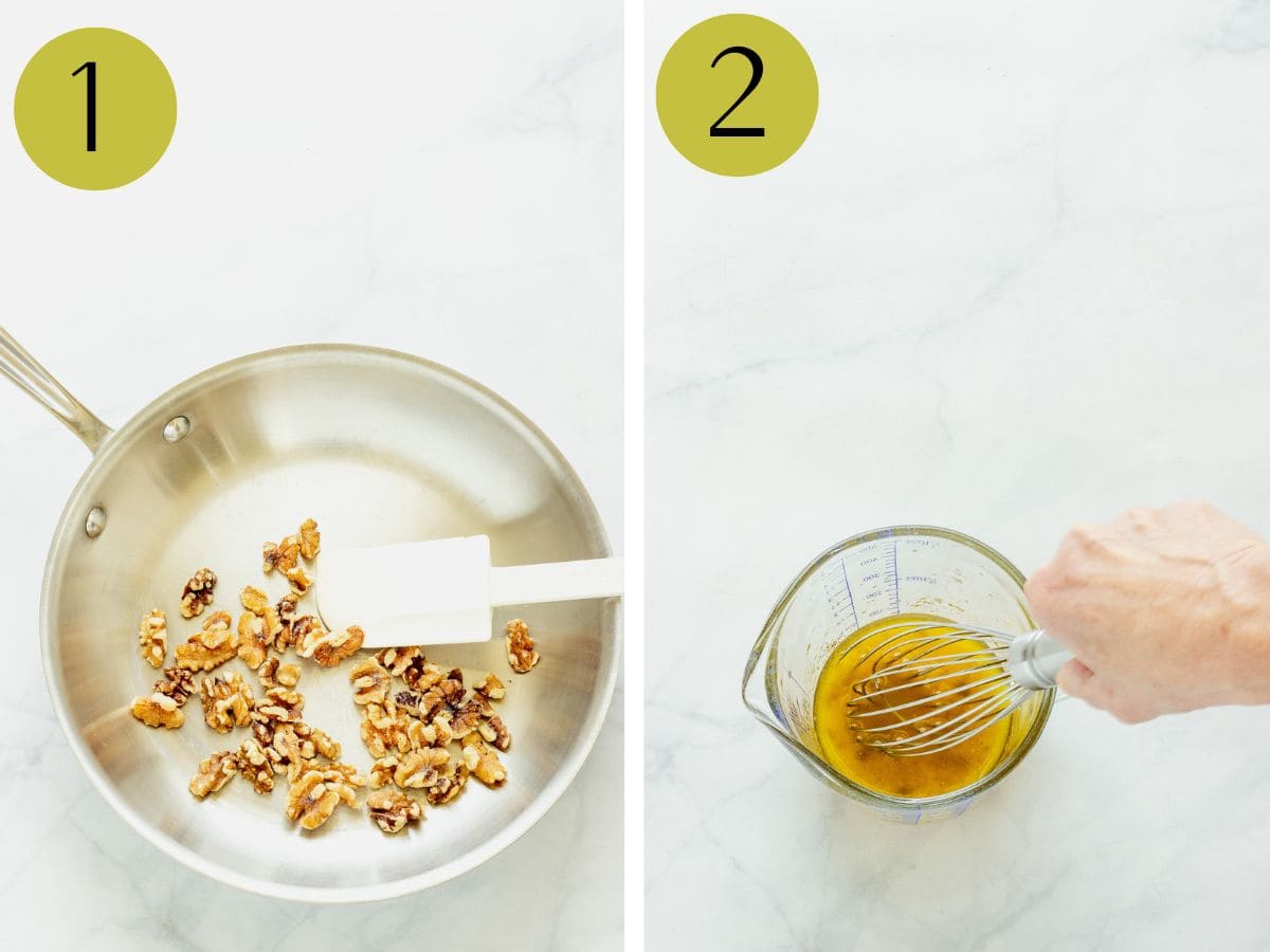 Steps 1&2 to make a shaved Brussels sprouts salad.