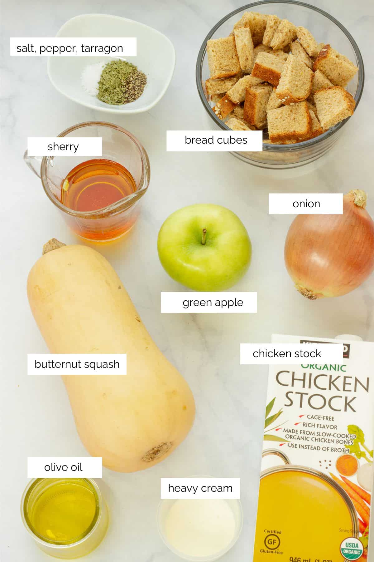 Ingredients needed to make butternut squash soup with apple.