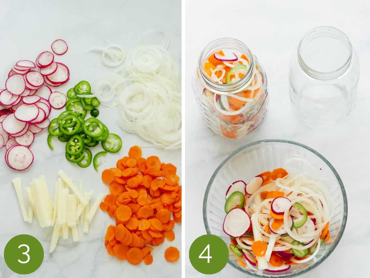 Steps for making Mexican pickled vegetables. Cut the vegetables into thin slices, toss them in a bowl, and add them to the mason jars