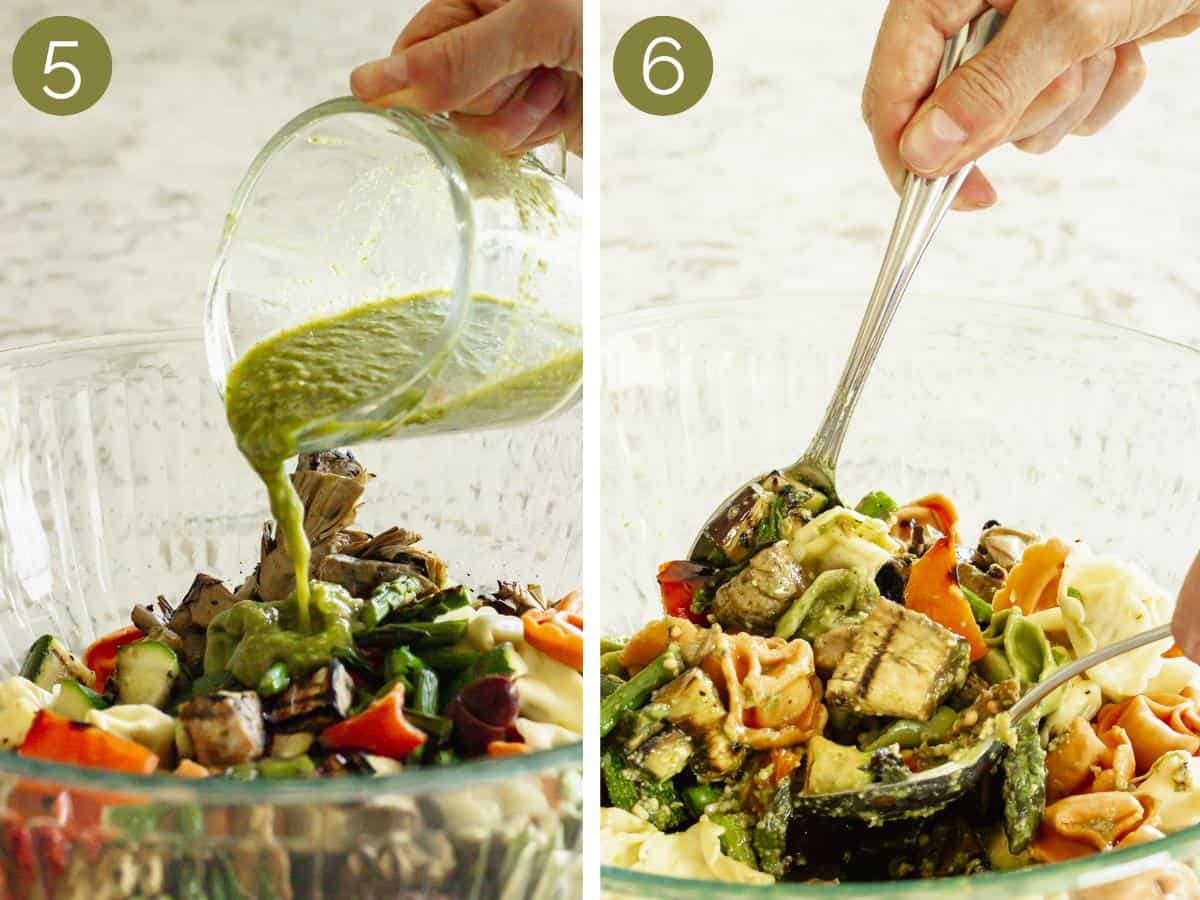 Final steps to make pesto tortellini salad