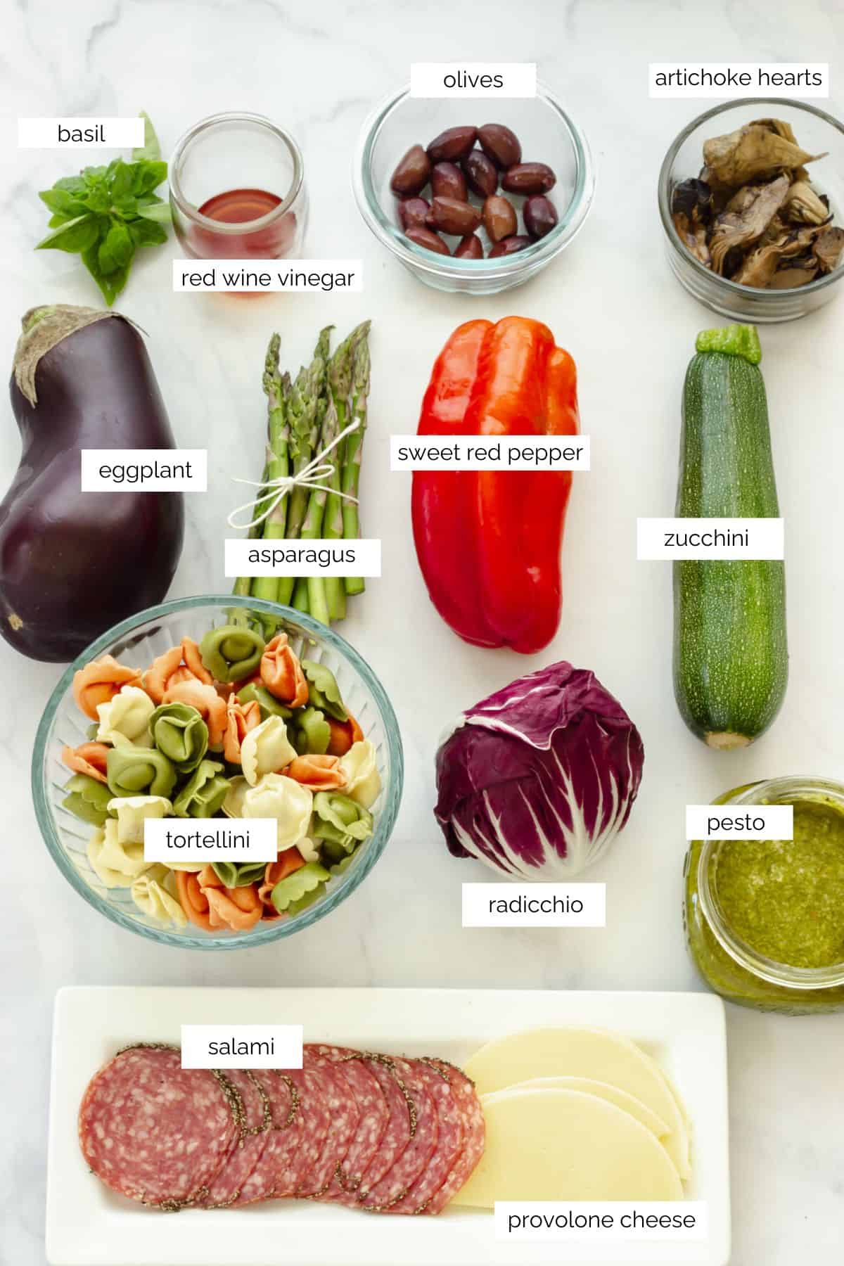 Ingredients needed to make pesto tortellini salad