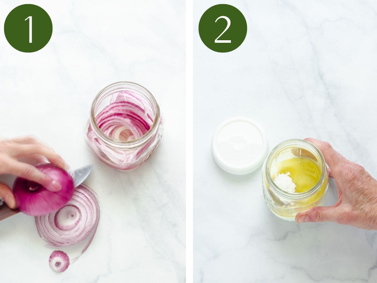 Steps 1 & 2 to make a green bean salad.