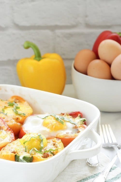 Italian Sausage and Egg Stuffed Peppers in a casserole dish