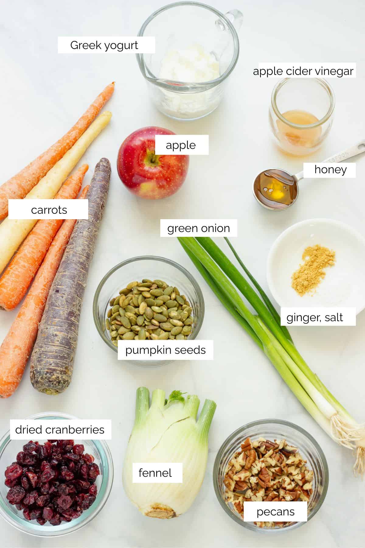 Ingredients needed to make rainbow carrot slaw.
