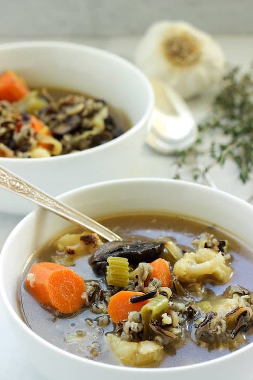 bowl of roasted Vegetable and Wild Rice Soup - healthy rice recipes