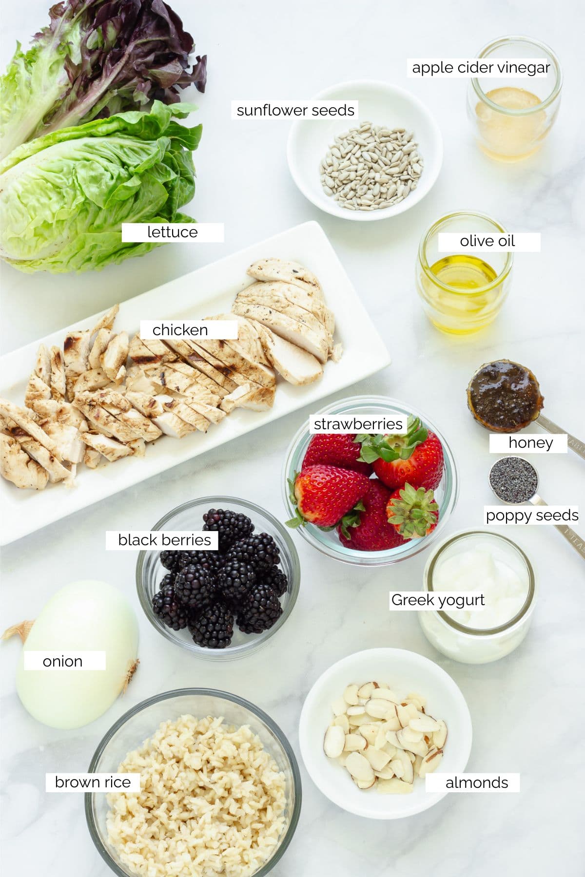 Ingredients needed to make chicken and rice bowls.