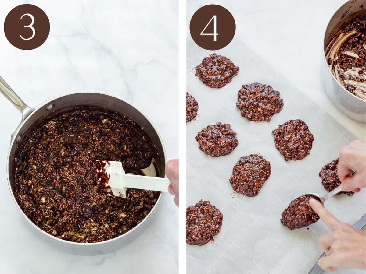 Steps 3 & 4 to make no-bake chocolate peanut butter cookies.