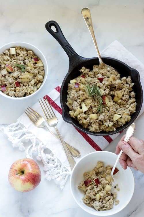 A bowl of Breakfast style pork fried rice made with apples and sausage flavored spices