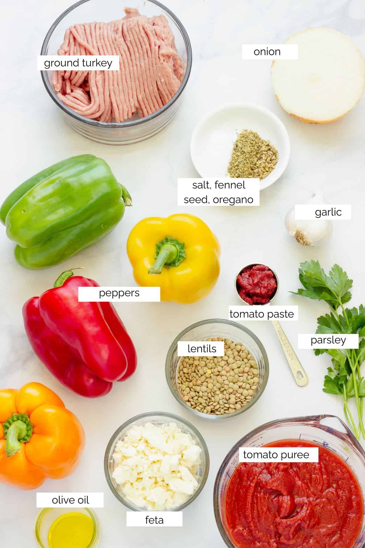 Ingredients needed to make ground turkey stuffed peppers.
