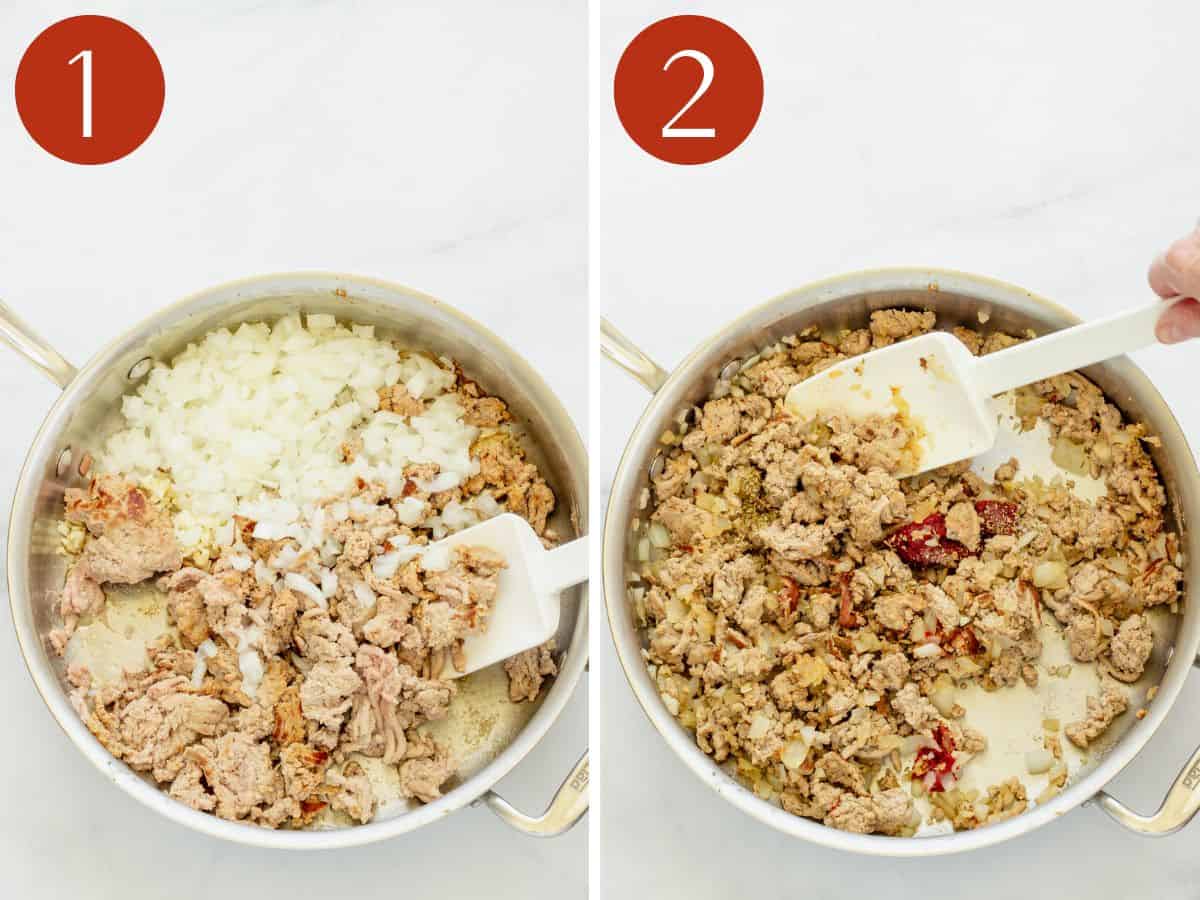 Steps 1&2 to make ground turkey stuffed peppers.