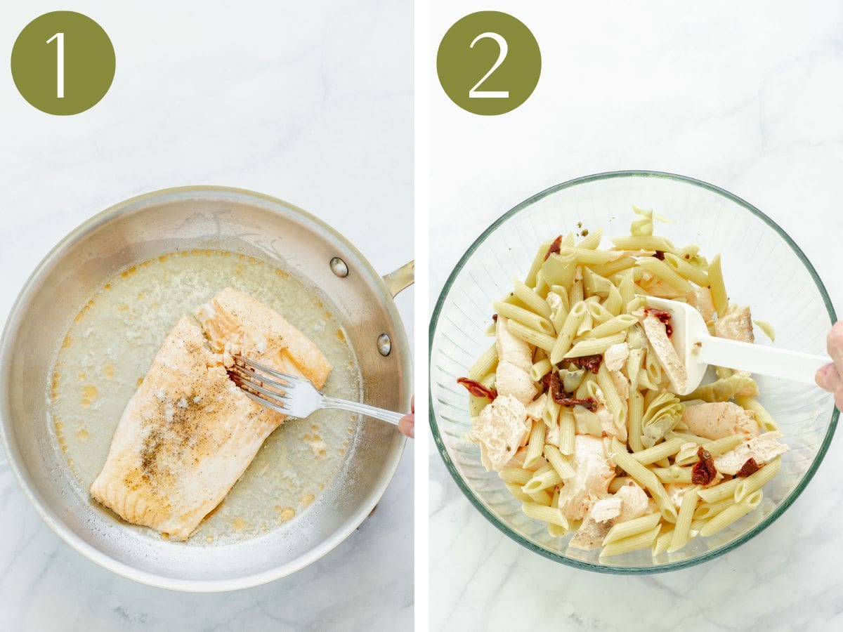 Steps 1 & 2 to make salmon pesto pasta.