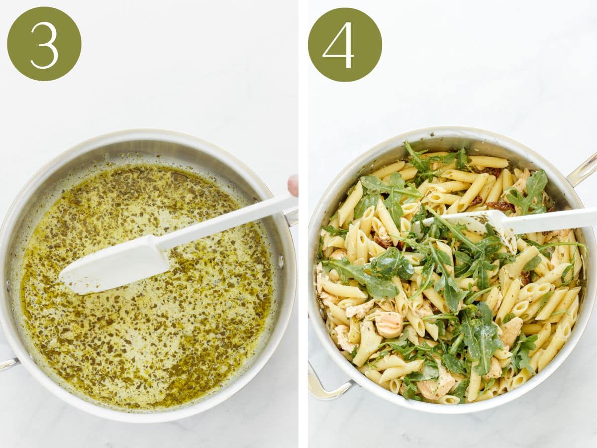 Steps 3 & 4 to make salmon pesto pasta.
