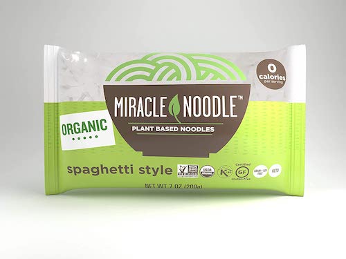 A package of Miracle Noodle brand spaghetti style Shirataki noodles
