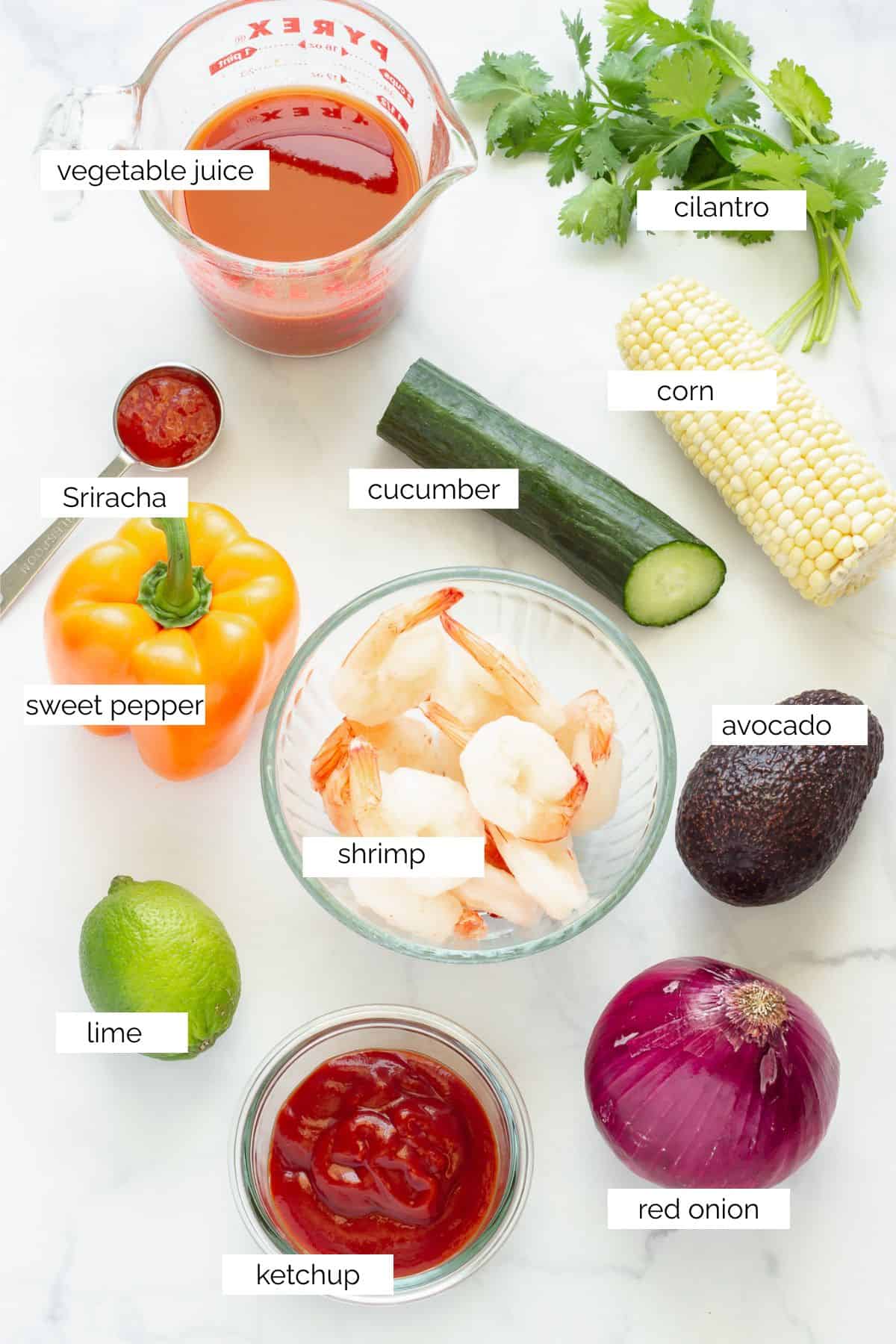 Ingredients needed to make Mexican shrimp cocktail.