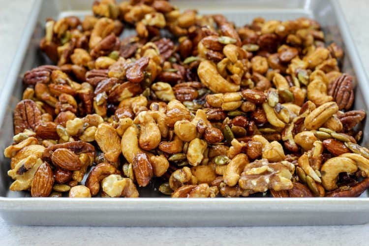 sheet pan of mixed nut clusters