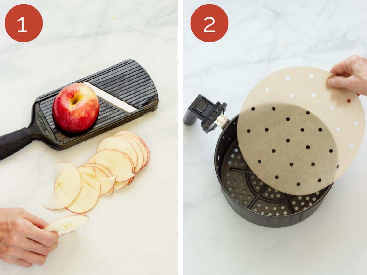 Air fryer apple chips steps 1 & 2