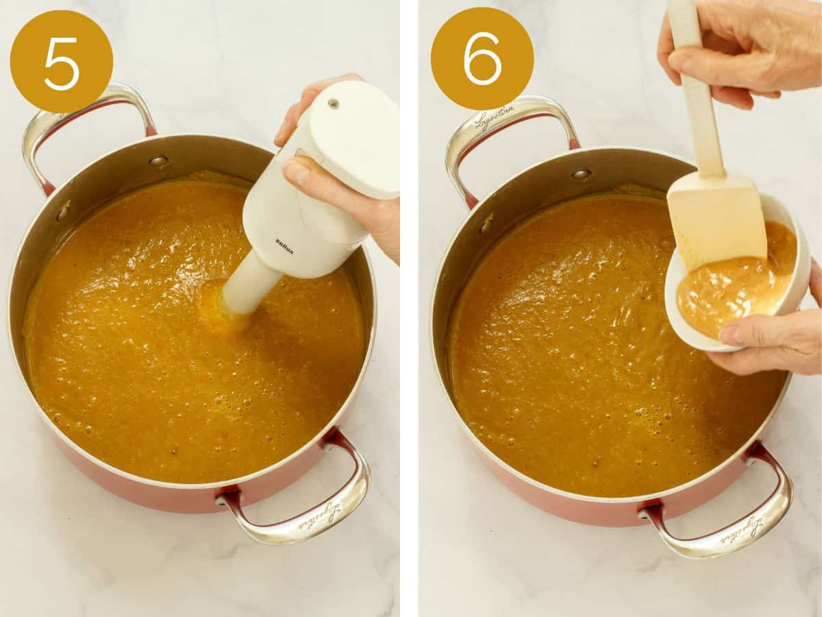 Steps 5 & 6 to make roasted acorn squash soup.