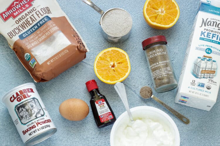 Overhead shot of ingredients to make orange spiced buckwheat pancakes