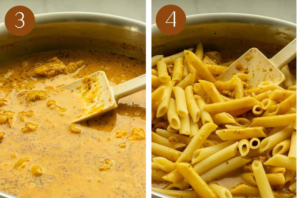 Steps 3 and 4 to make creamy pumpkin pasta sauce.