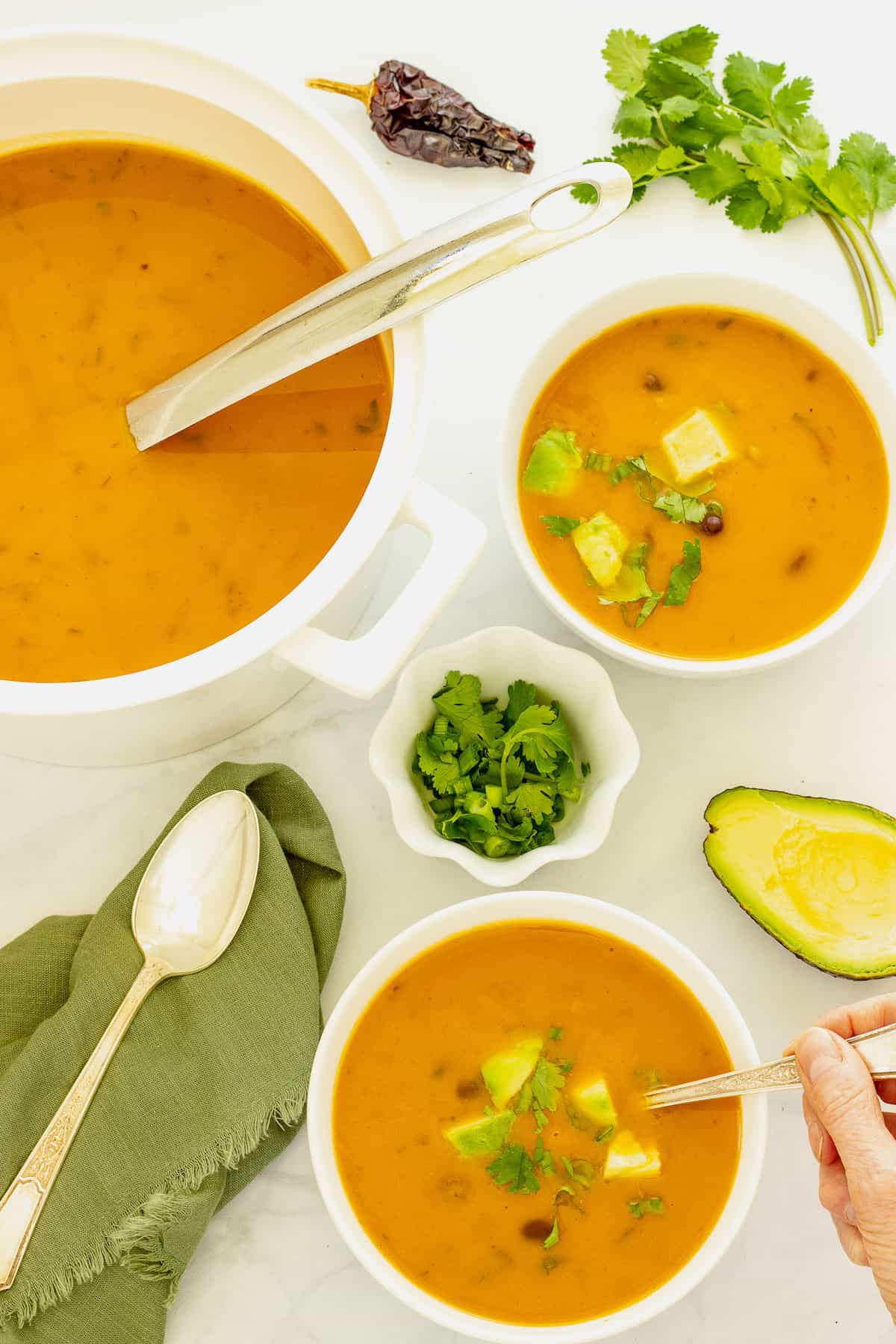 An overhead shot of a white pot of creamy sweet potato black bean soup, two bowls of soup and a green napkin with a spoon. A small bowl of chopped cilantro and an avocado half are in the center of the photo. 