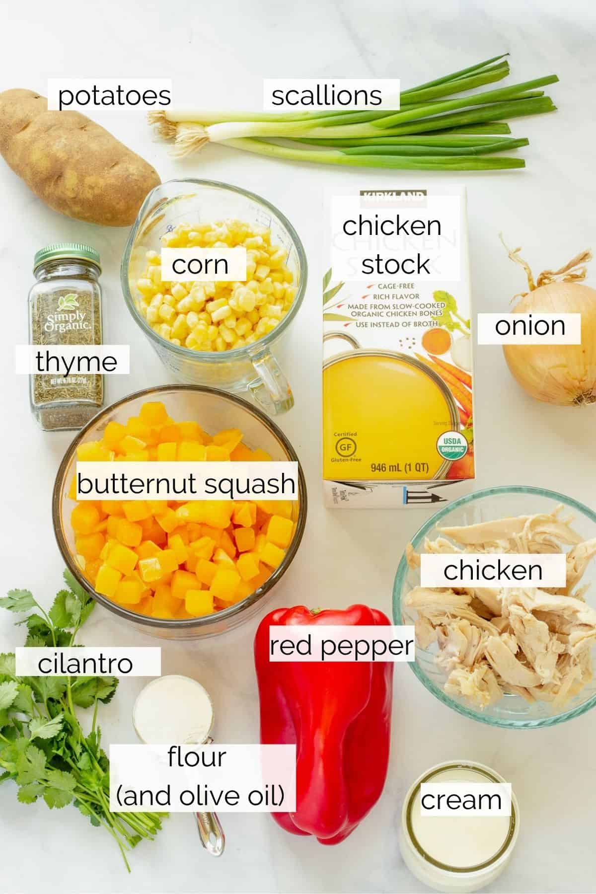 Ingredients needed to make chicken corn chowder.