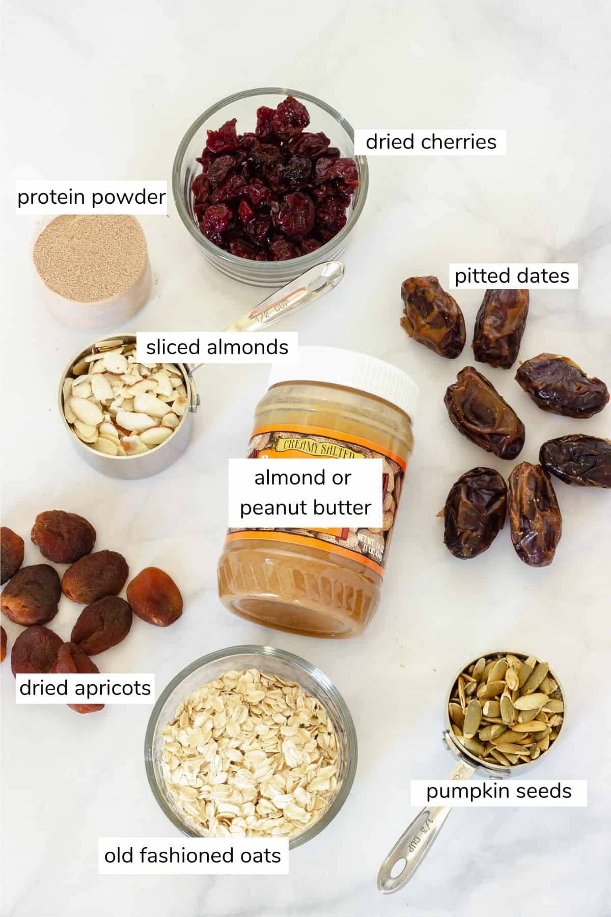 Ingredients for no bake fruit and nut bars.