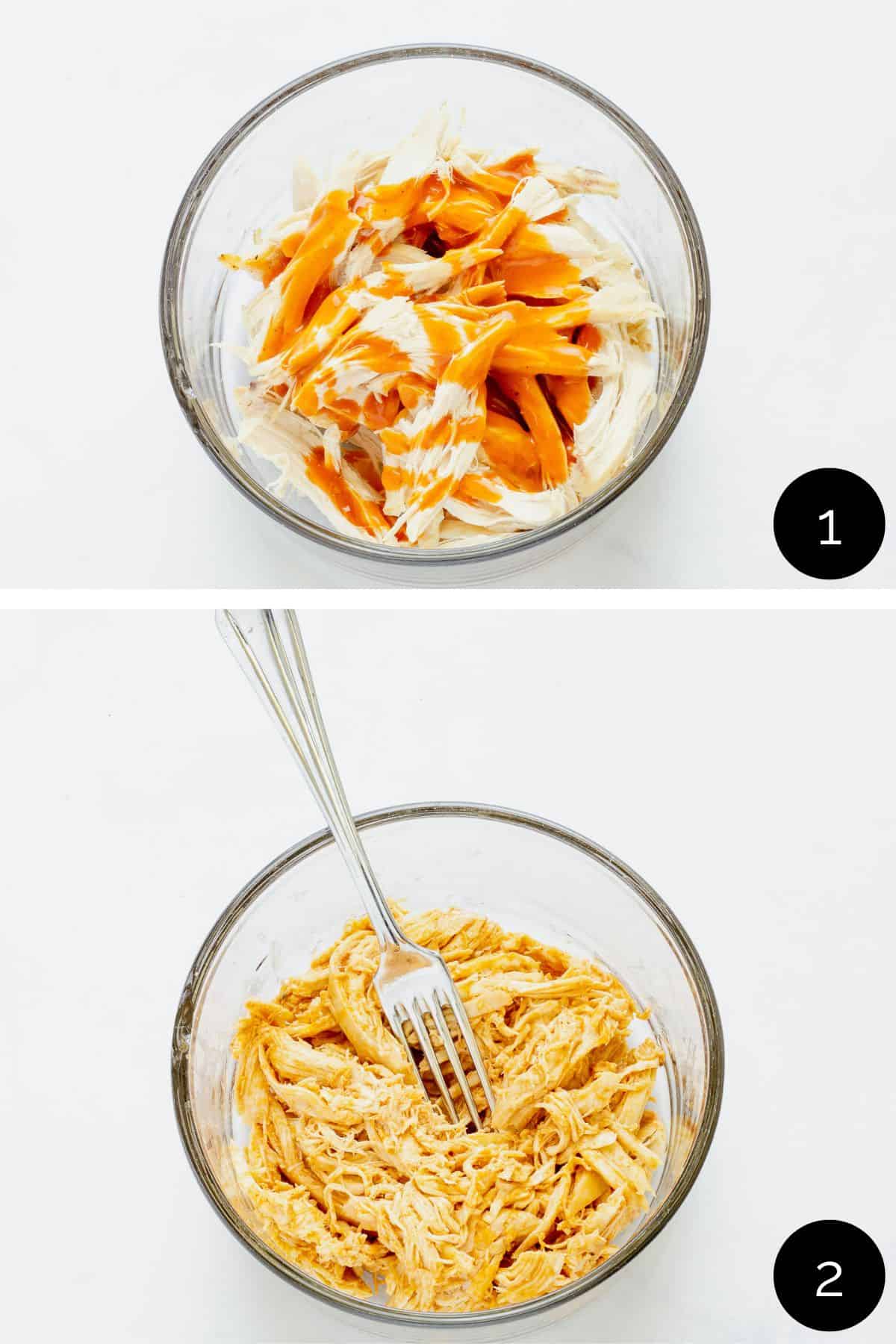 Steps 1 and 2 to make Buffalo Chicken Rice Bowls. Bowls with shredded chicken and sauce.